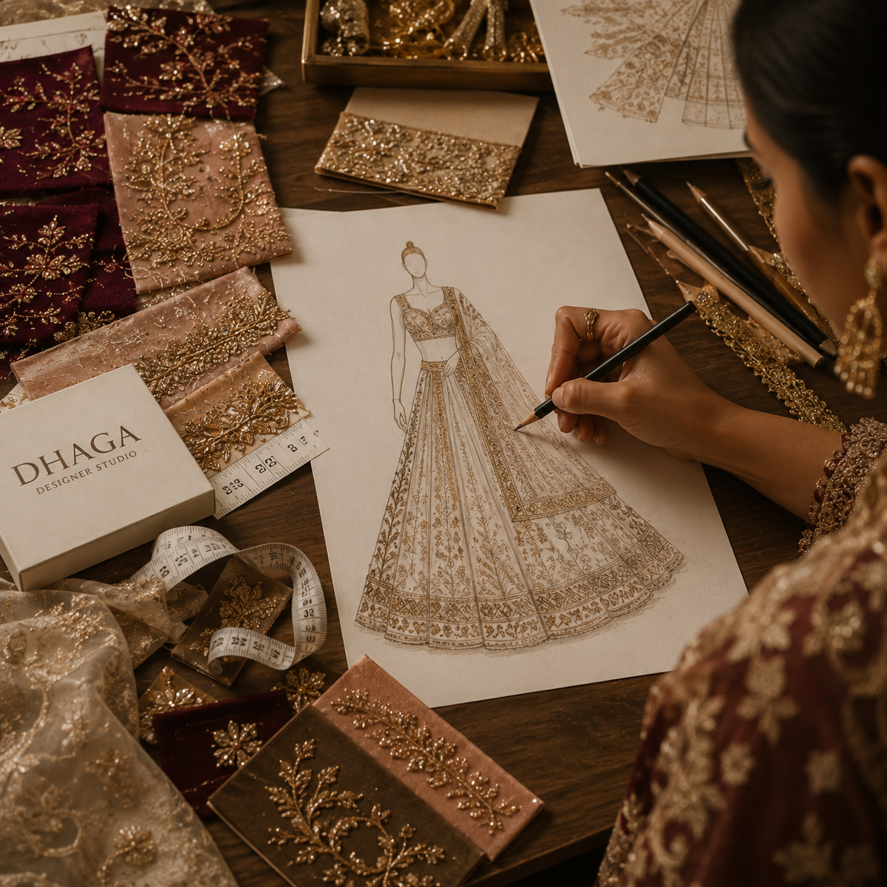 Designer creating a custom bridal outfit sketch